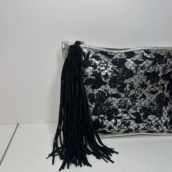 Sam Edelman Alia Lace Floral Leather Clutch Bag Designer Silver Black Tassel - Picture 3 of 10